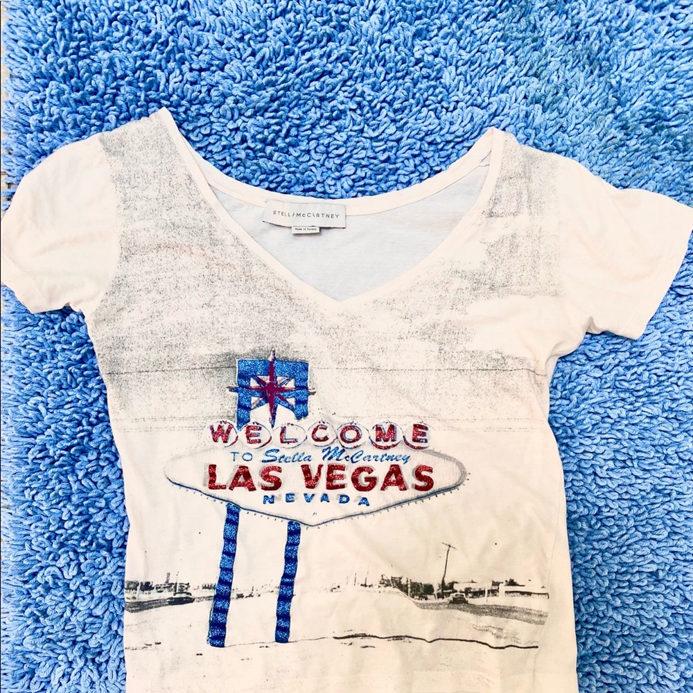 Stella McCartney cool v neck sexy T shirt embellished  blue &dark red glitter xs